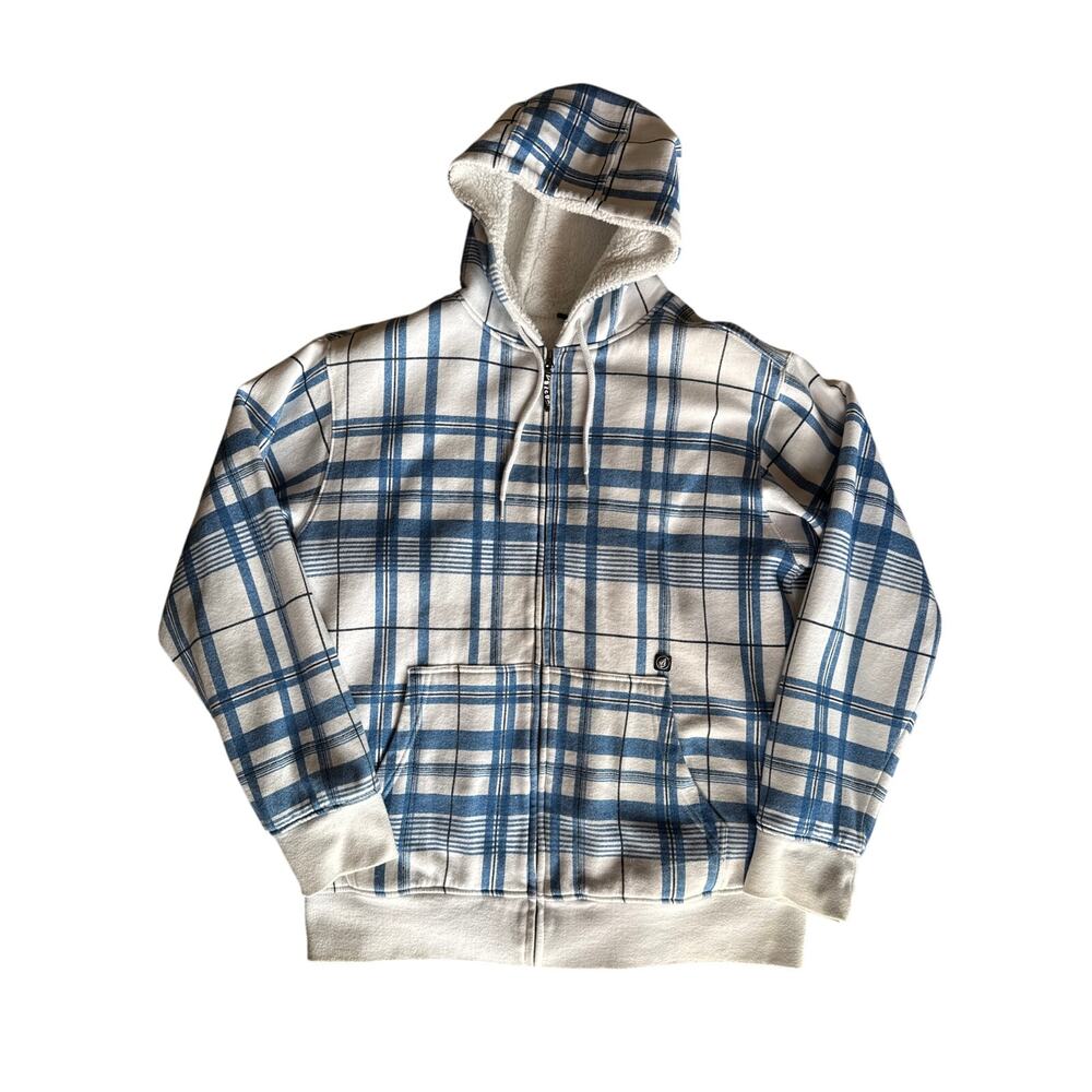 Volcom Tartan Plaid White and Blue Large Sherpa Lined Full Zip Jacket